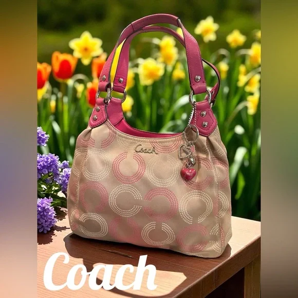 Coach F21920 Op Art Dotted Ashley Hobo Shoulder Bag Khaki Pink Branded Keychain - Picture 4 of 16